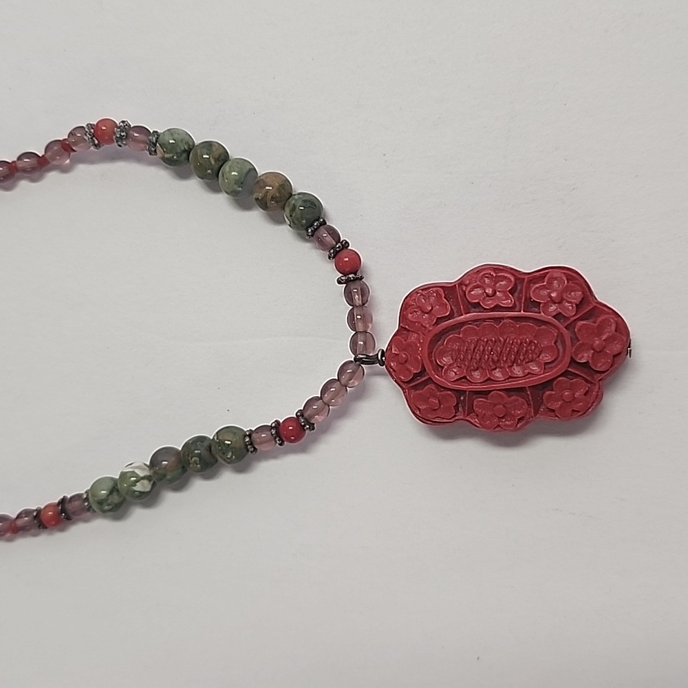 Cinnabar and Jade Pendant Necklace Beaded